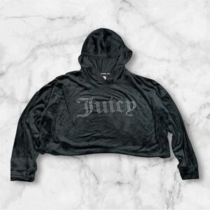 Juicy Couture Velour Hoodie Sweatshirt Cropped Black Women Large Jewel
